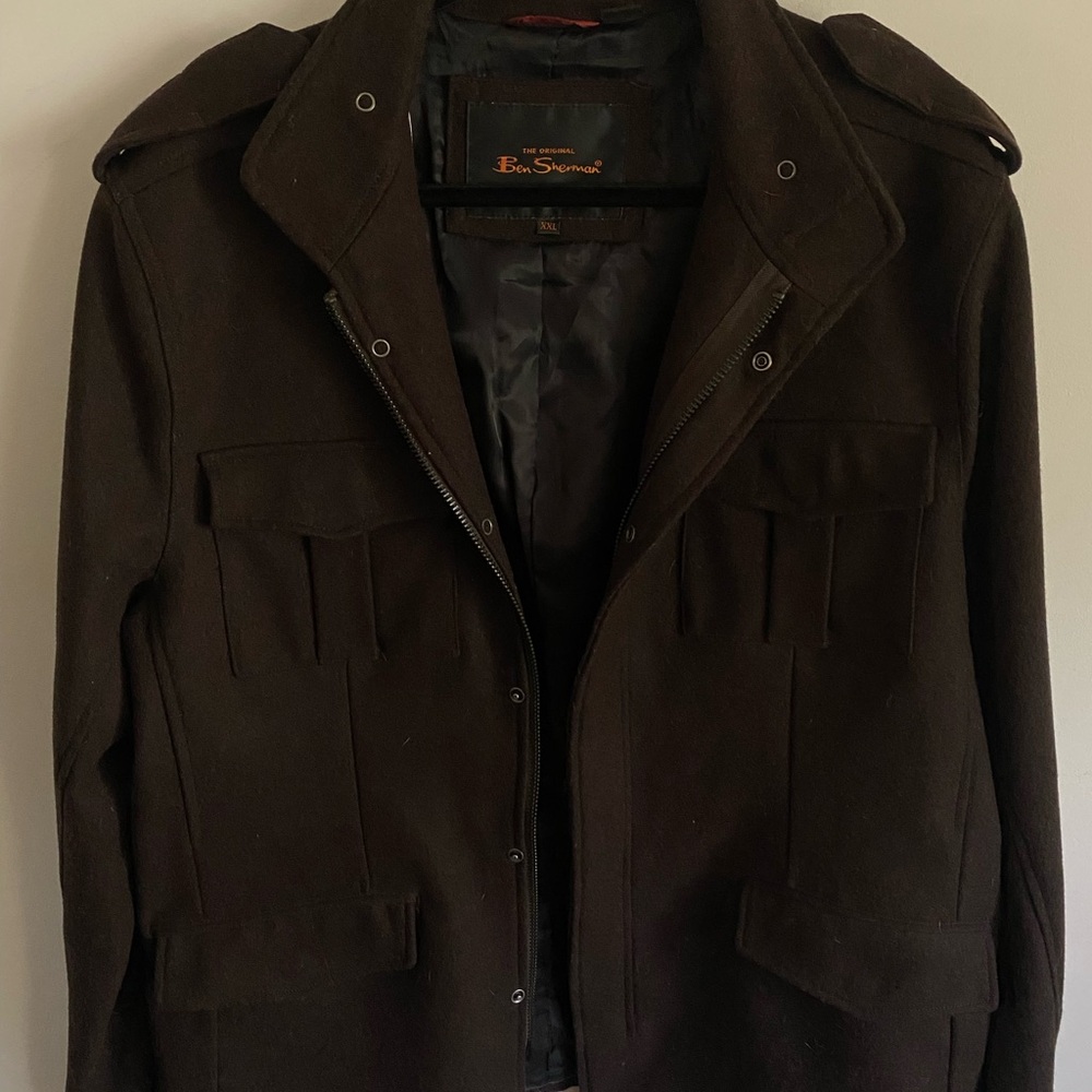 Ben Sherman Dark Chocolate‎ Men's Military StyleClassic Wool Car Coat XXL
